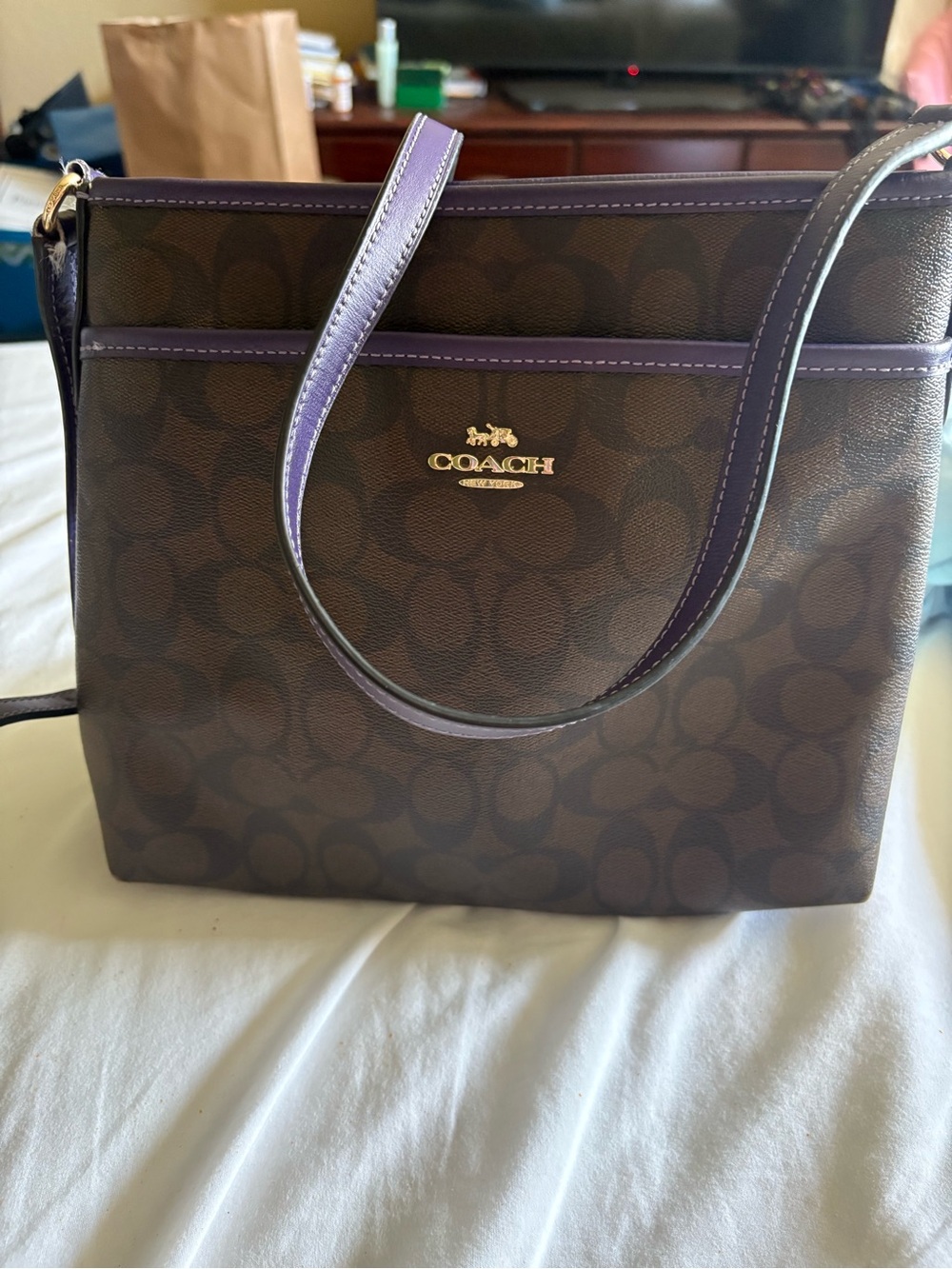 Coach Brown Signature Shoulder Tote with Purple Trim